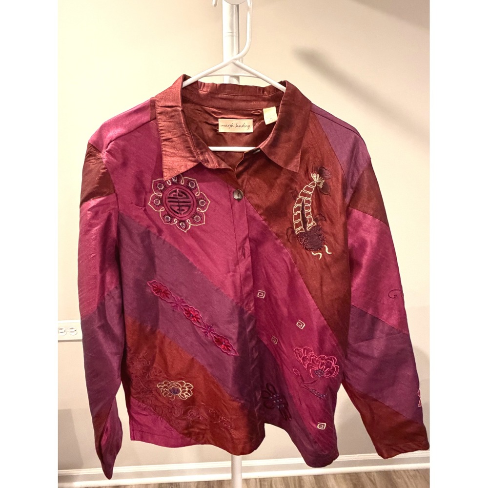 Vintage Whimsigoth Marsh Landing XL Embroidered Patchwork Shirt Jacket Burgundy